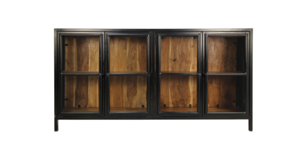 Vitrinekast Kingston – 170x40x90 – acacia/ijzer/glas foto 1