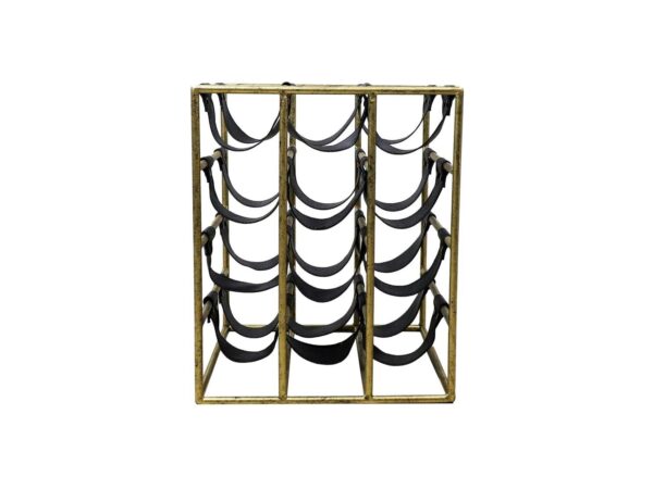 Wijnrek 12 flessen – 33x32x40 – Antiek goud/Zwart – Metaal/Faux leder foto 1