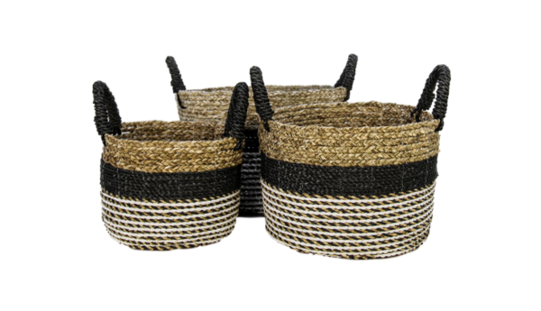 Mandenset Malibu – zwart/naturel/wit – raffia/zeegras – set van 3 foto 1