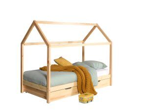 Natuurkleurig DALLAS bed (90x200) en bijhorend rolbed.