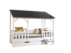 Deze Housebed-combinatie bestaat uit een housebed white, black roof 3 panels  en een bedlade