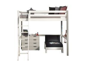 Deze PINO-combinatie bestaat uit een witte PINO mezzanine , een PINO kommode 4 laden  en een PINO zetelbed wit