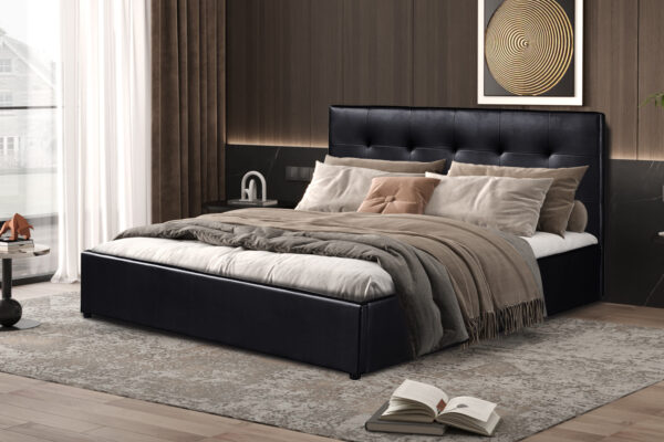 PROMO – Bed met koffer ‘Porto’ 160×200 met lattenbodem PU Zwart (2c) foto 1