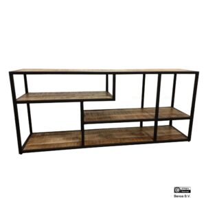 Tv Rek Metaal met houten Plank 140x35x60 Iron Black powdercoated, Wood Natural finish